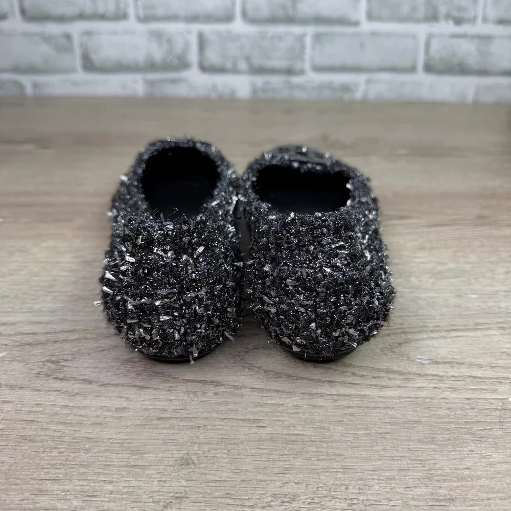 Tory Burch Minnie Travel Ballet Flats Black Silver Metallic Tweed 6M